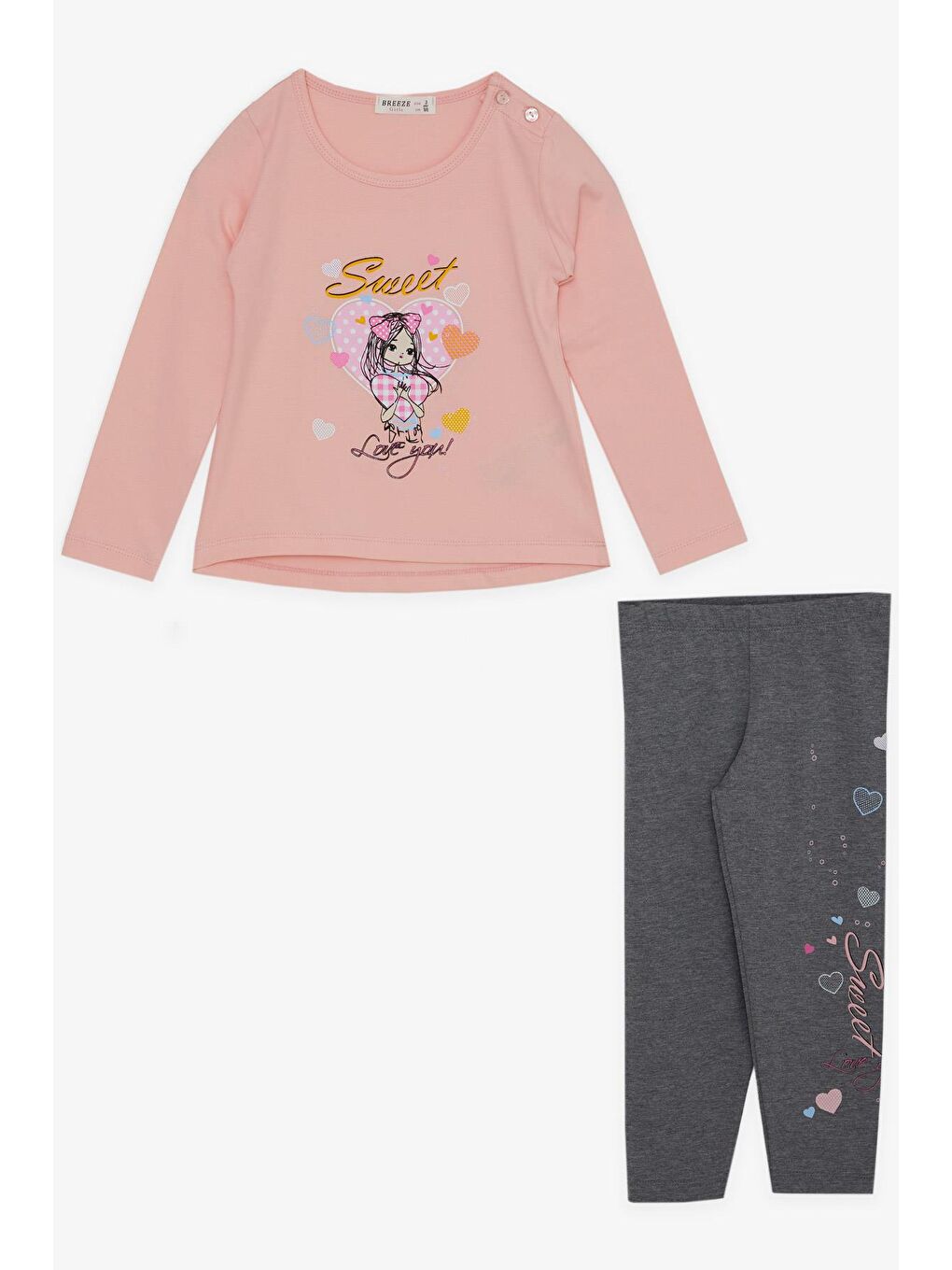 Kız Çocuk Taytlı Takım Sevimli Kız Baskılı Kalpli Pembe (2-6 Yaş)