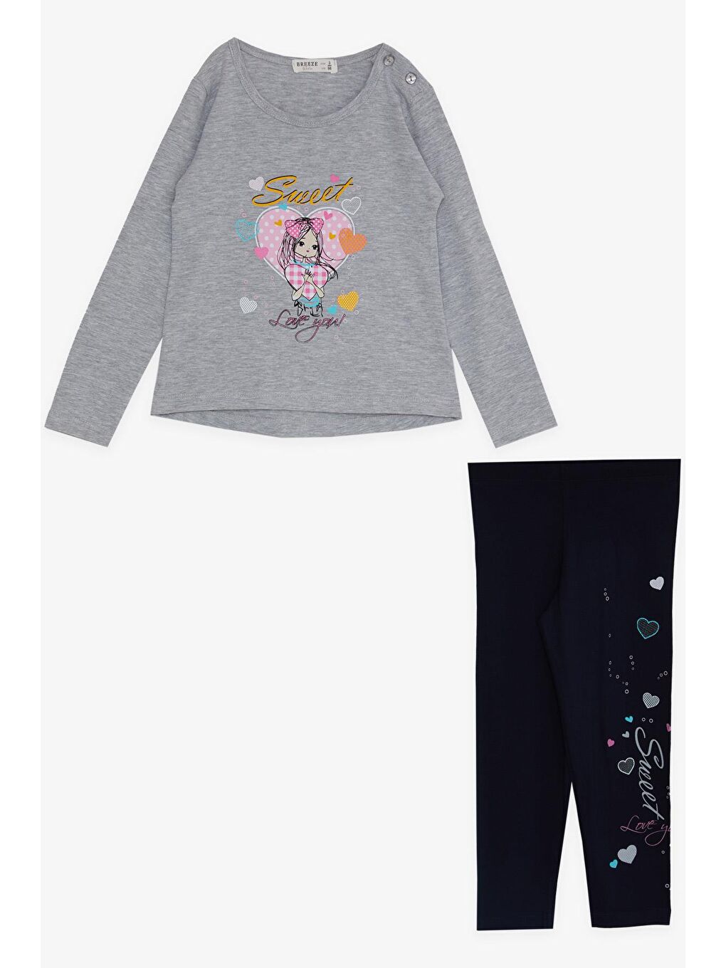 Kız Çocuk Taytlı Takım Sevimli Kız Baskılı Kalpli Gri Melanj (2-6 Yaş)