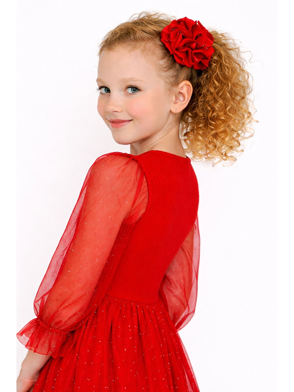 Kırmızı Kız Çocuk Tül Detaylı Taş İşlemeli Prenses Model Tokalı Özel Abiye Elbise Ak2602-4