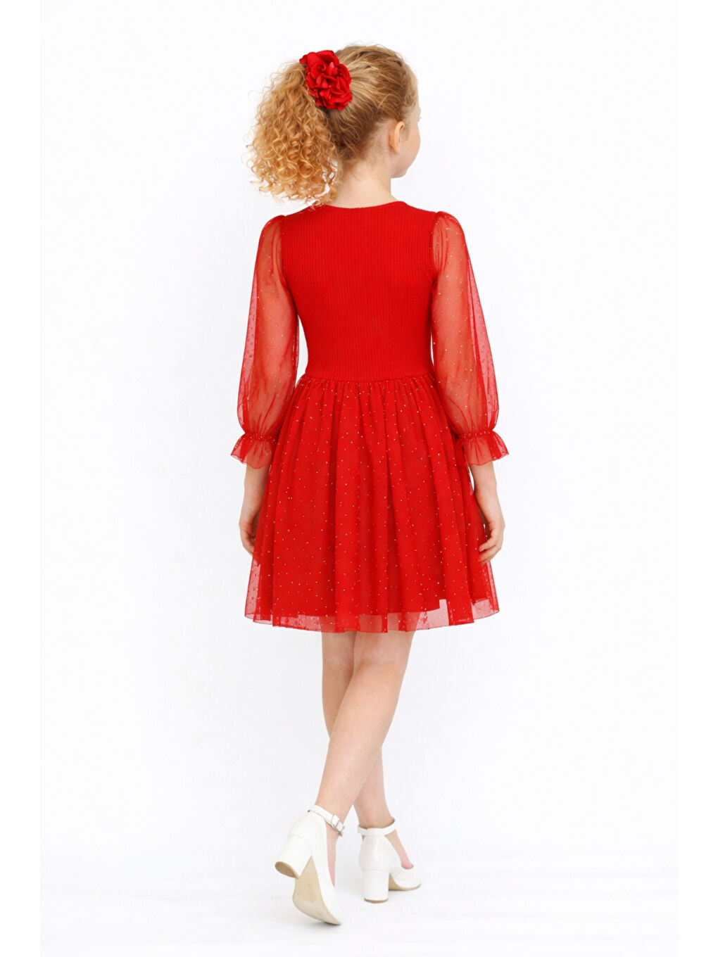 Kırmızı Kız Çocuk Tül Detaylı Taş İşlemeli Prenses Model Tokalı Özel Abiye Elbise Ak2602-5