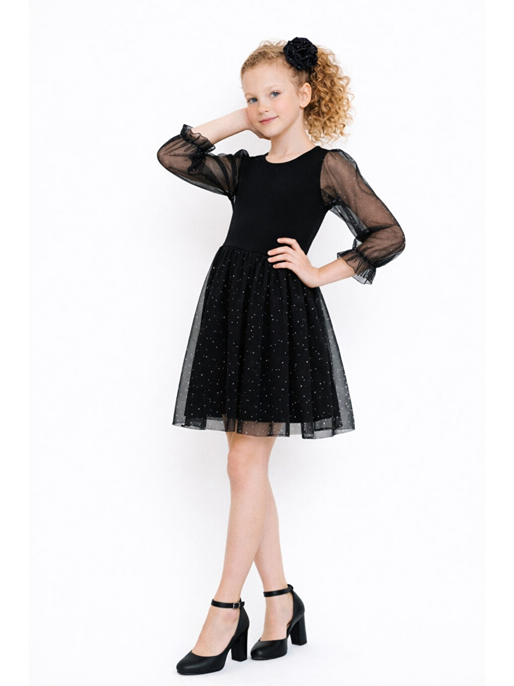 Siyah Kız Çocuk Tül Detaylı Taş İşlemeli Prenses Model Tokalı Özel Abiye Elbise Ak2602-1