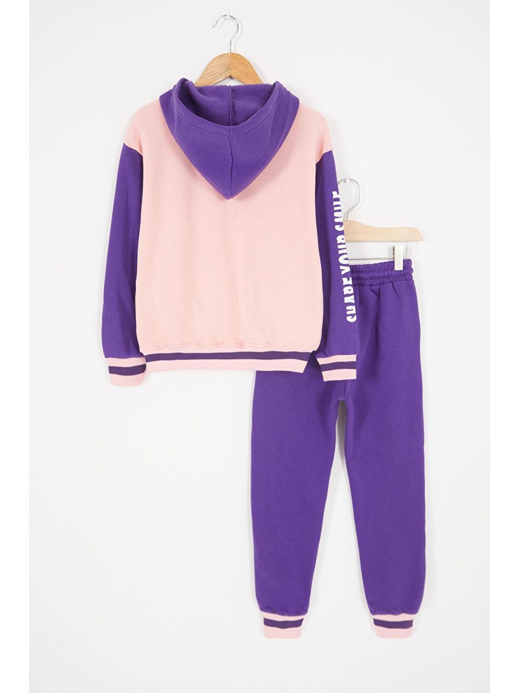 Pembe Girl Yazı Baskılı Kapüşonlu Şardonlu Kolej Eşofman Takım 17073-3