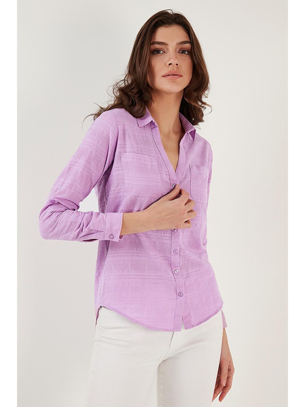 Lila Pamuklu Çift Cepli Slim Fit Katlanabilir Kollu İnce Gömlek 514257517