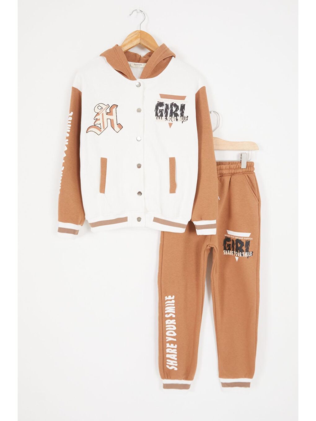 Beyaz Girl Yazı Baskılı Kapüşonlu Şardonlu Kolej Eşofman Takım 17074