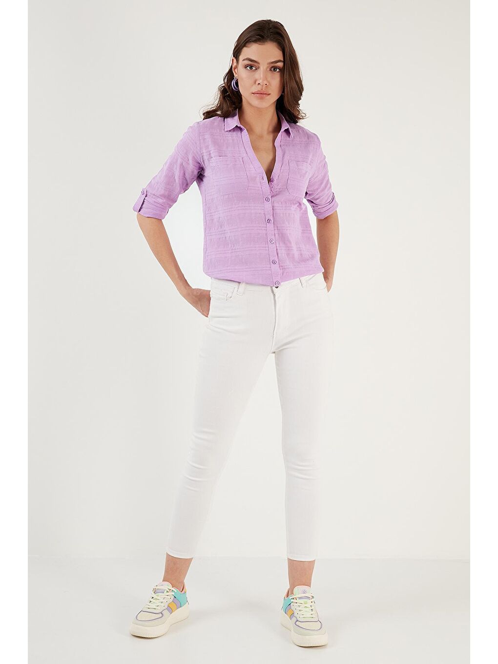 Lila Pamuklu Çift Cepli Slim Fit Katlanabilir Kollu İnce Gömlek 514257517-1