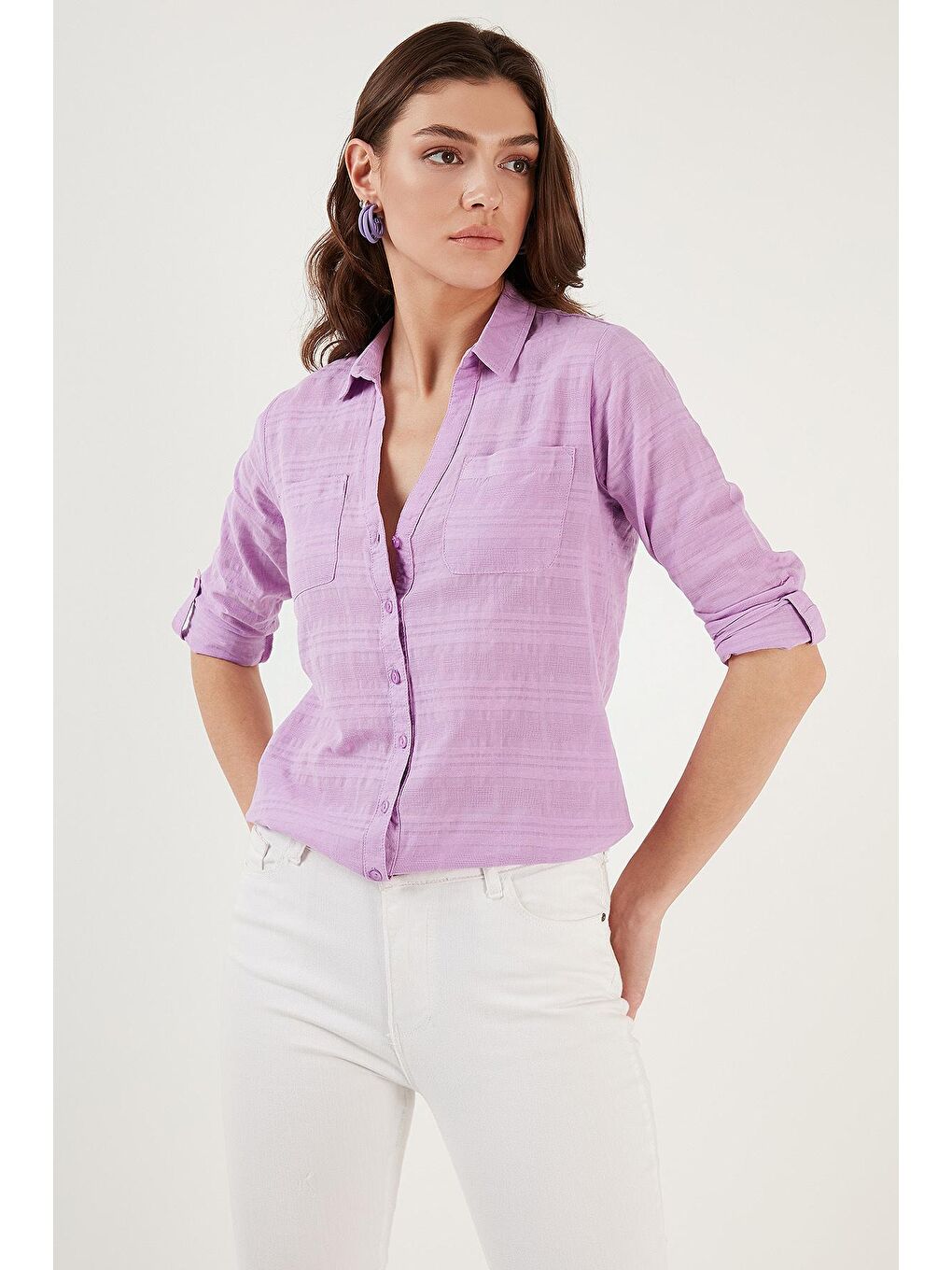 Lila Pamuklu Çift Cepli Slim Fit Katlanabilir Kollu İnce Gömlek 514257517-2