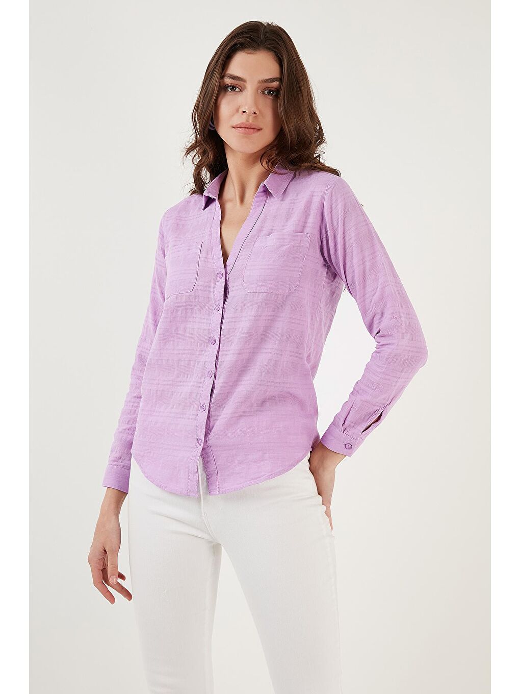 Lila Pamuklu Çift Cepli Slim Fit Katlanabilir Kollu İnce Gömlek 514257517-3