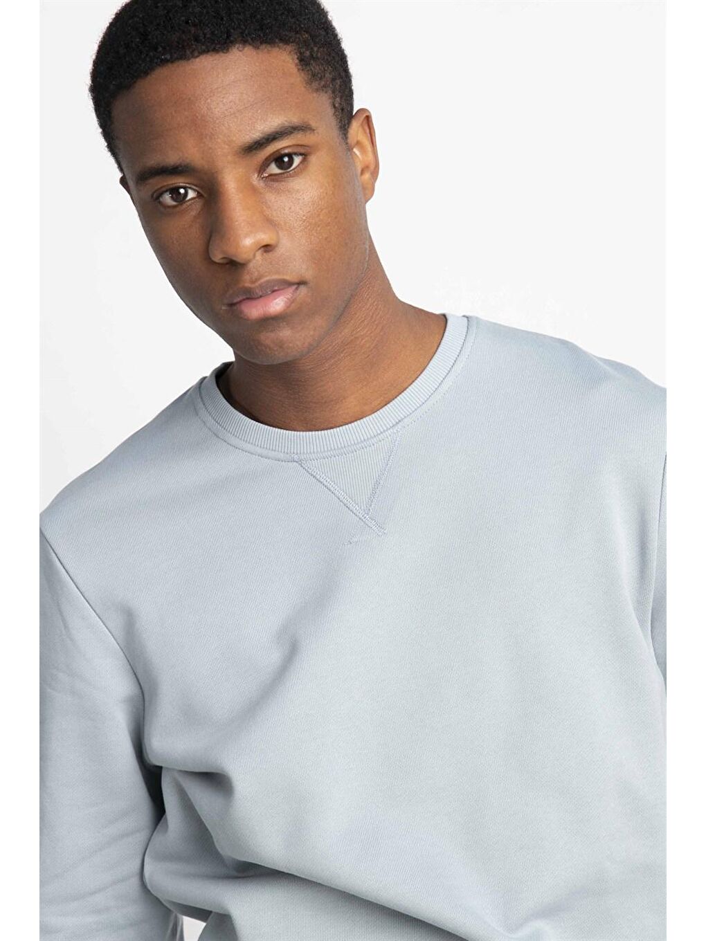 Pamuk Bisiklet Yaka Basıc Unisex Mavi Sweatshirt