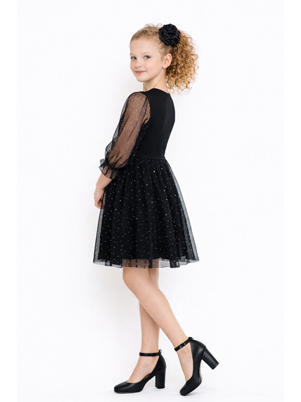 Siyah Kız Çocuk Tül Detaylı Taş İşlemeli Prenses Model Tokalı Özel Abiye Elbise Ak2602-4