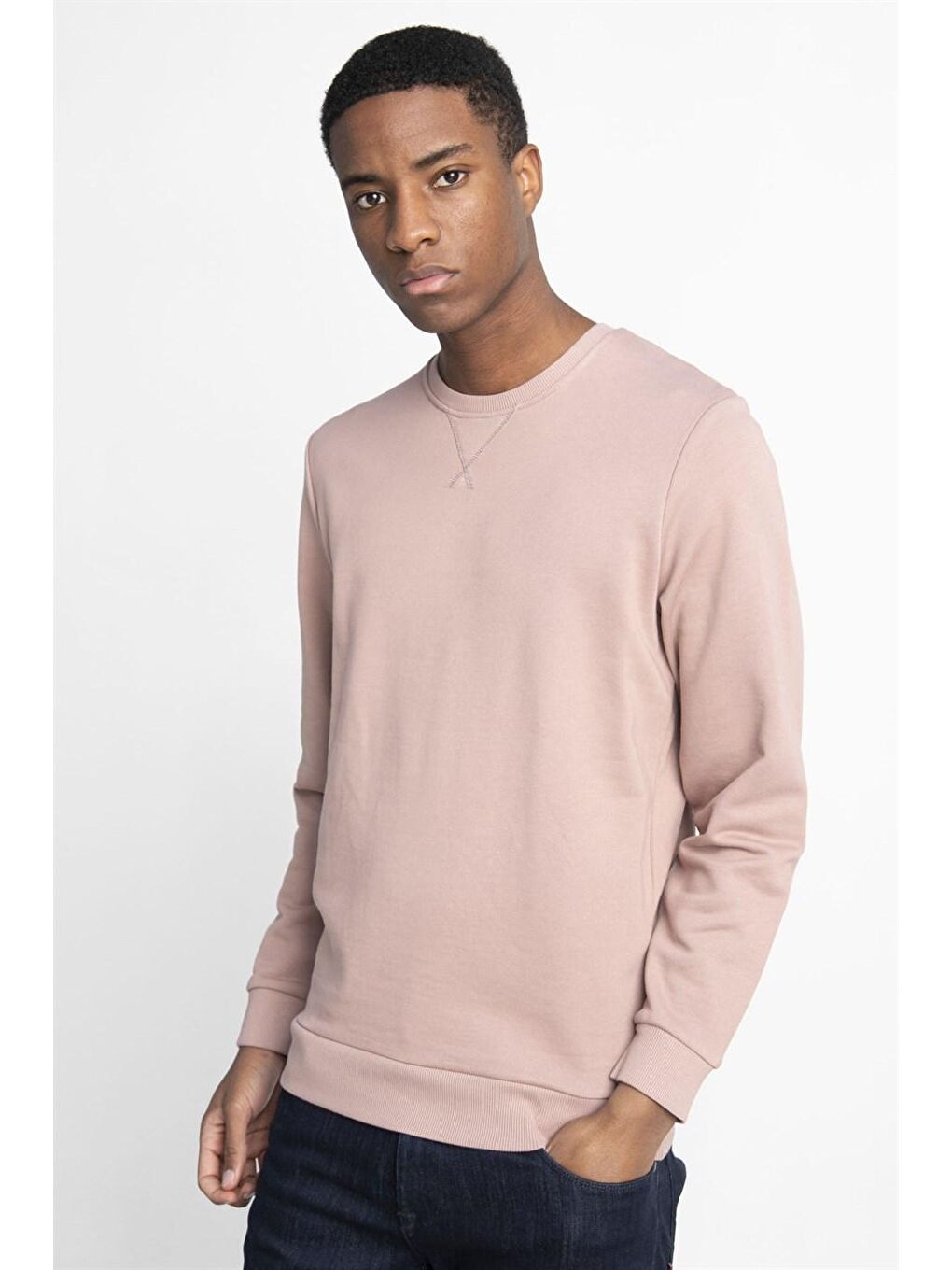 Pamuk Bisiklet Yaka Basıc Unisex Pembe Sweatshirt-1