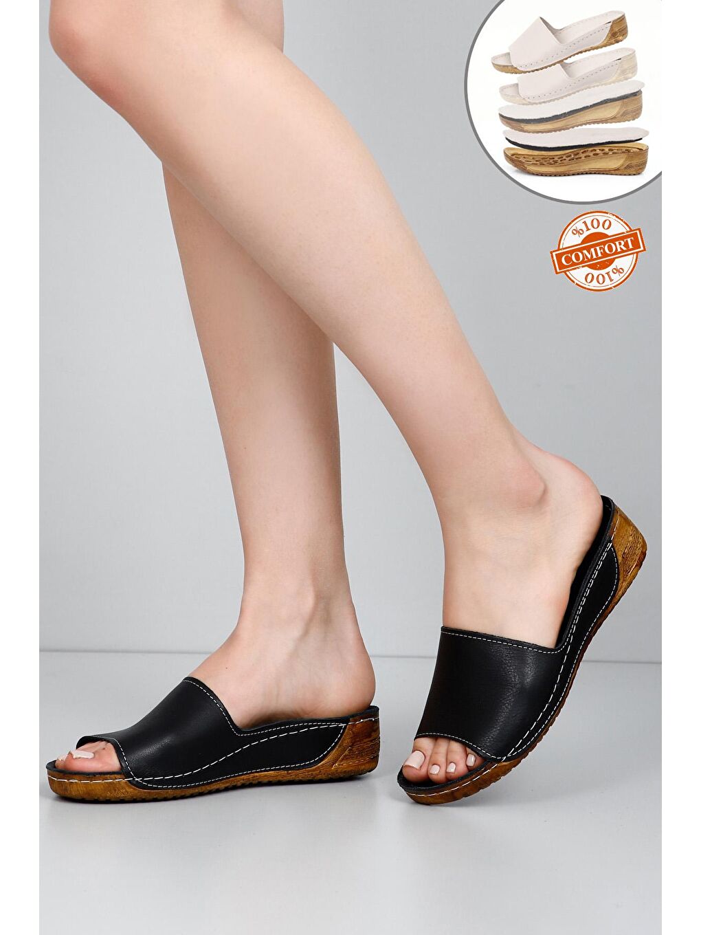 Siyah SİYAH  Hakiki Deri Dolgu Taban Kadın Terlik 42285