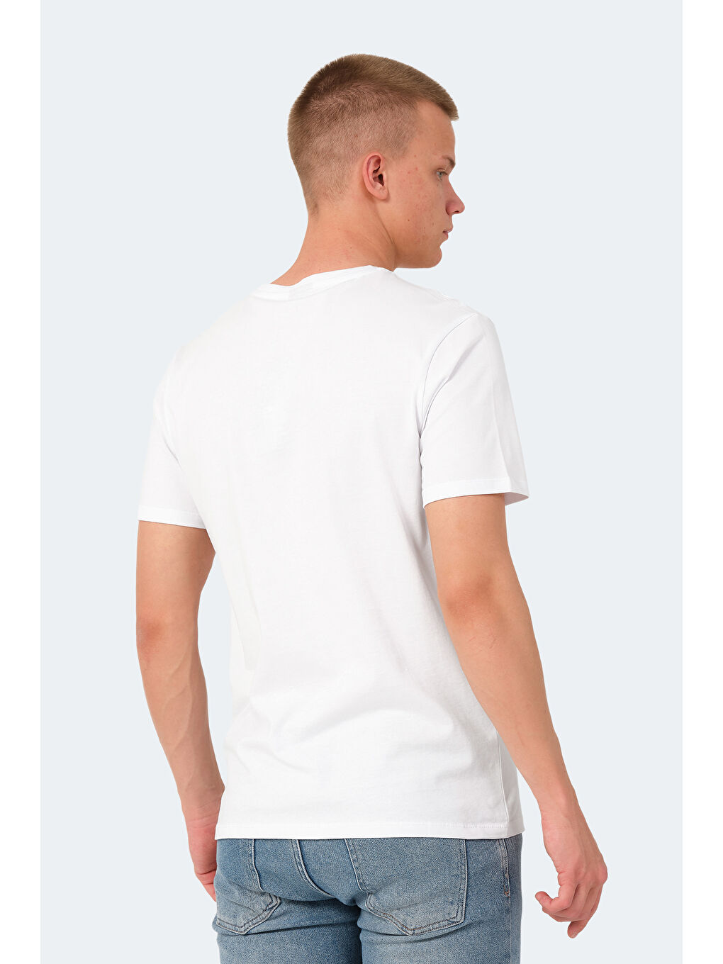 Beyaz Bisiklet Yaka Kısa Kollu Baskılı Erkek Tişört-1