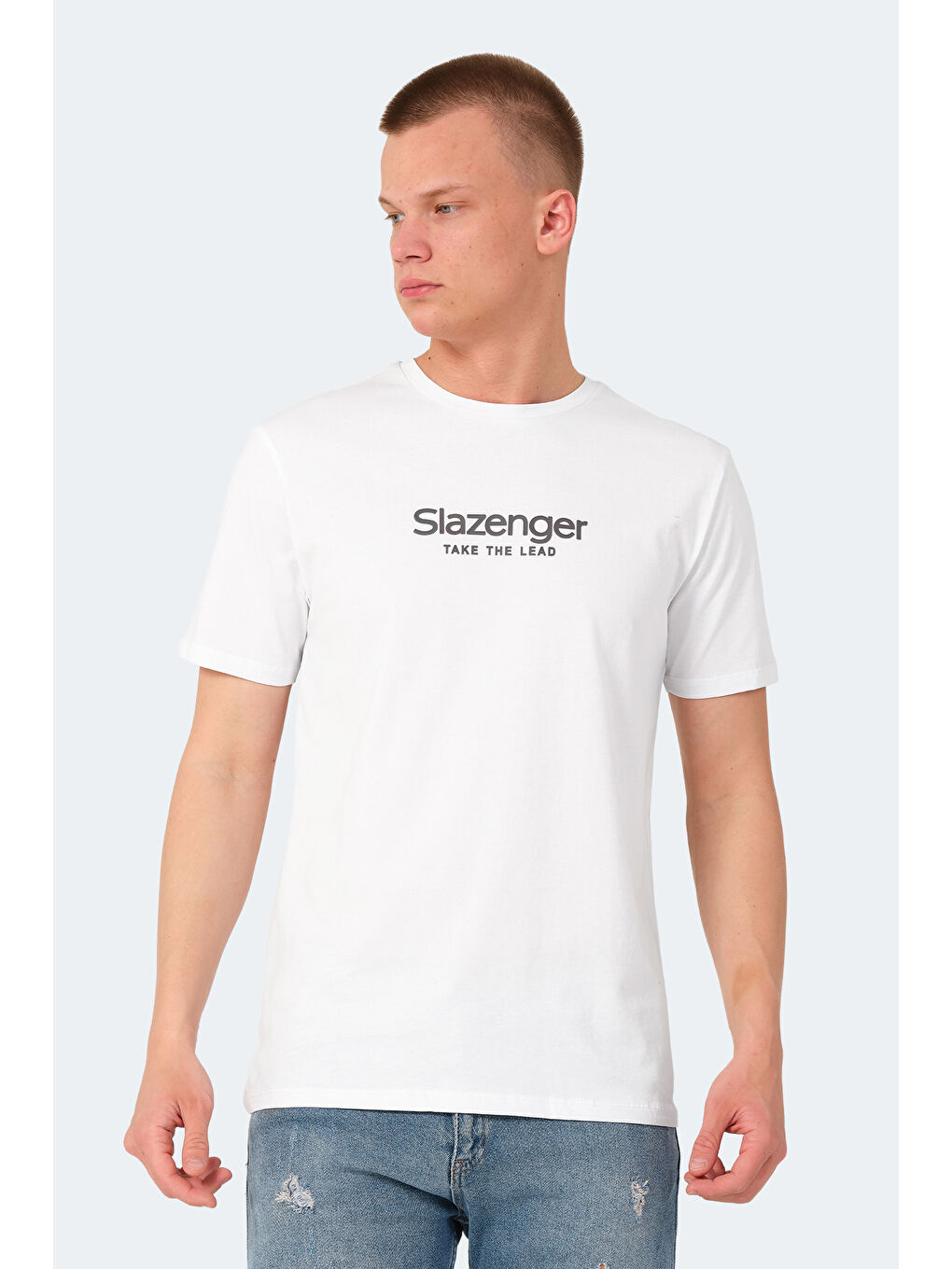 Beyaz Bisiklet Yaka Kısa Kollu Baskılı Erkek Tişört-2