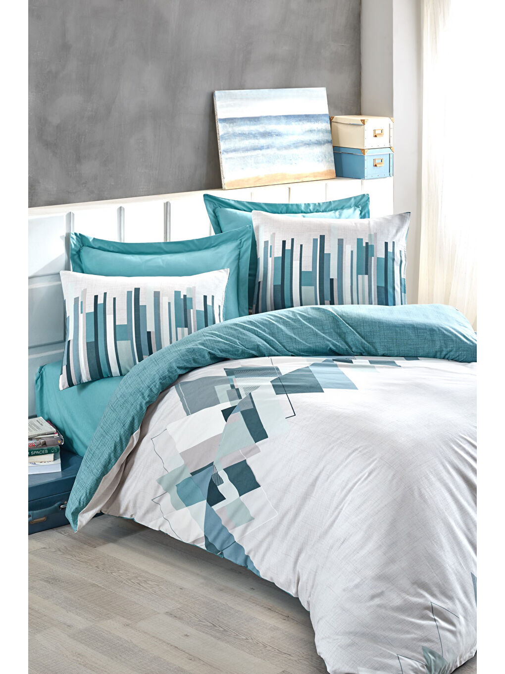 Karışık Pamuk Box Modeline Çift Kişilik Nevresim Takımı Nesto Petrol-1