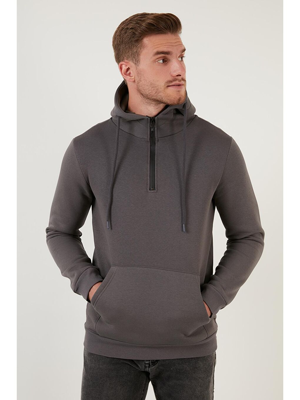 Haki Pamuklu İçi Tüylü Yumuşak Şardonlu Kapüşonlu Sweat 59052651