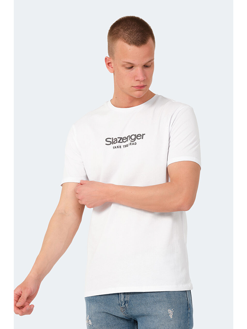 Beyaz Bisiklet Yaka Kısa Kollu Baskılı Erkek Tişört-4