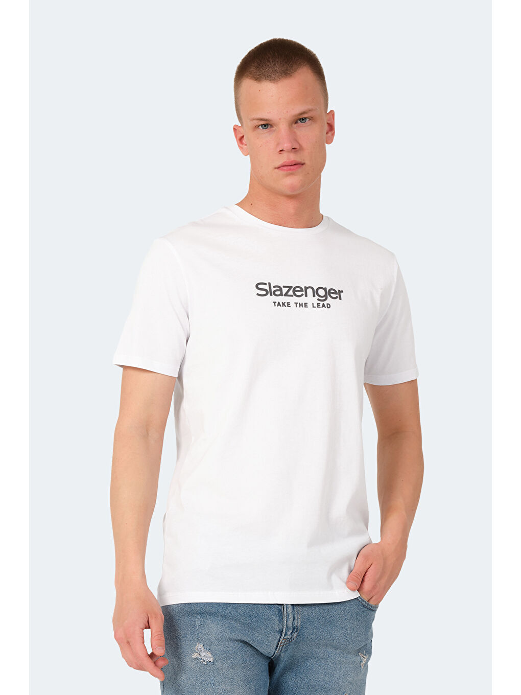 Beyaz Bisiklet Yaka Kısa Kollu Baskılı Erkek Tişört-5