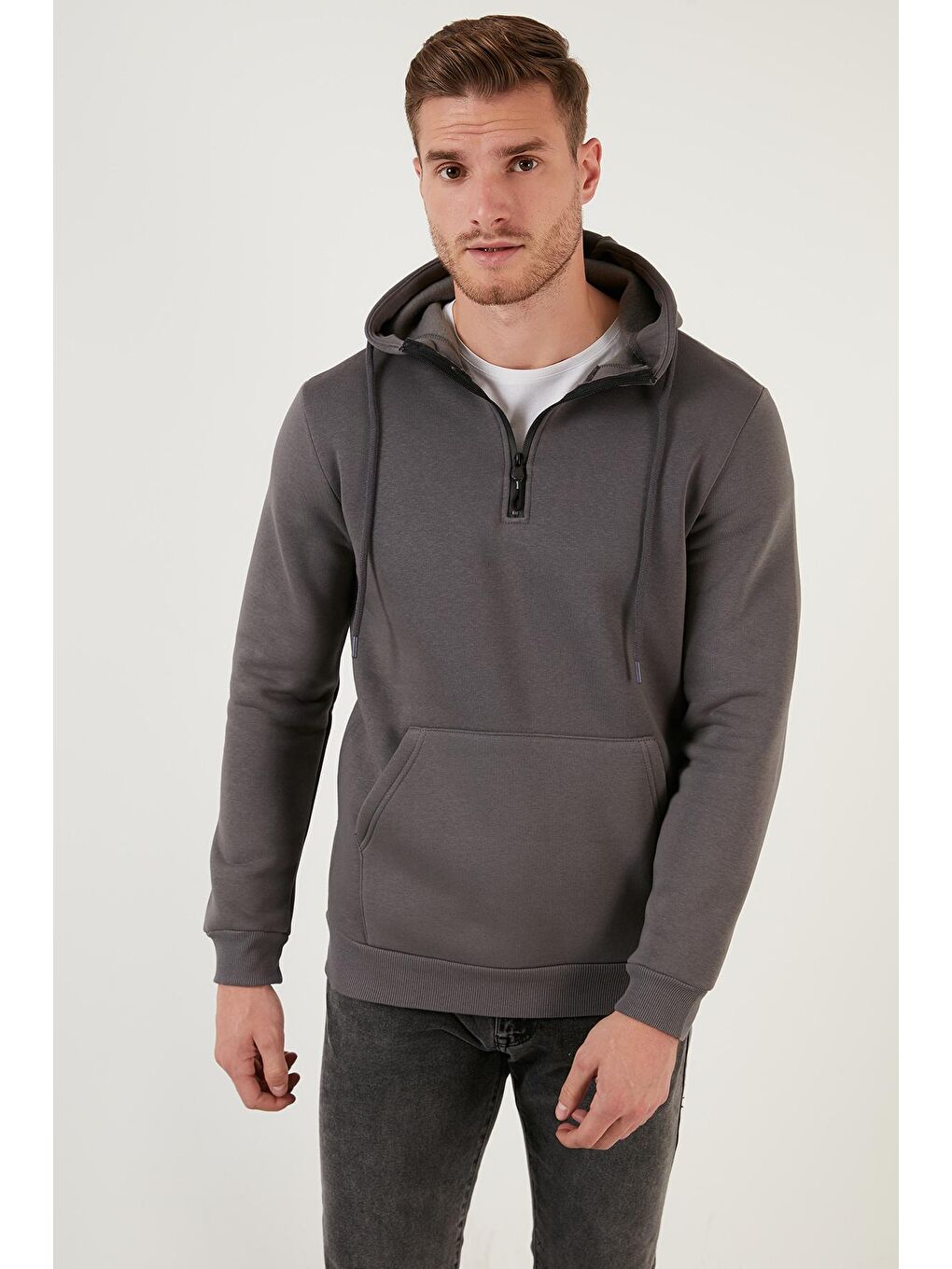 Haki Pamuklu İçi Tüylü Yumuşak Şardonlu Kapüşonlu Sweat 59052651-2