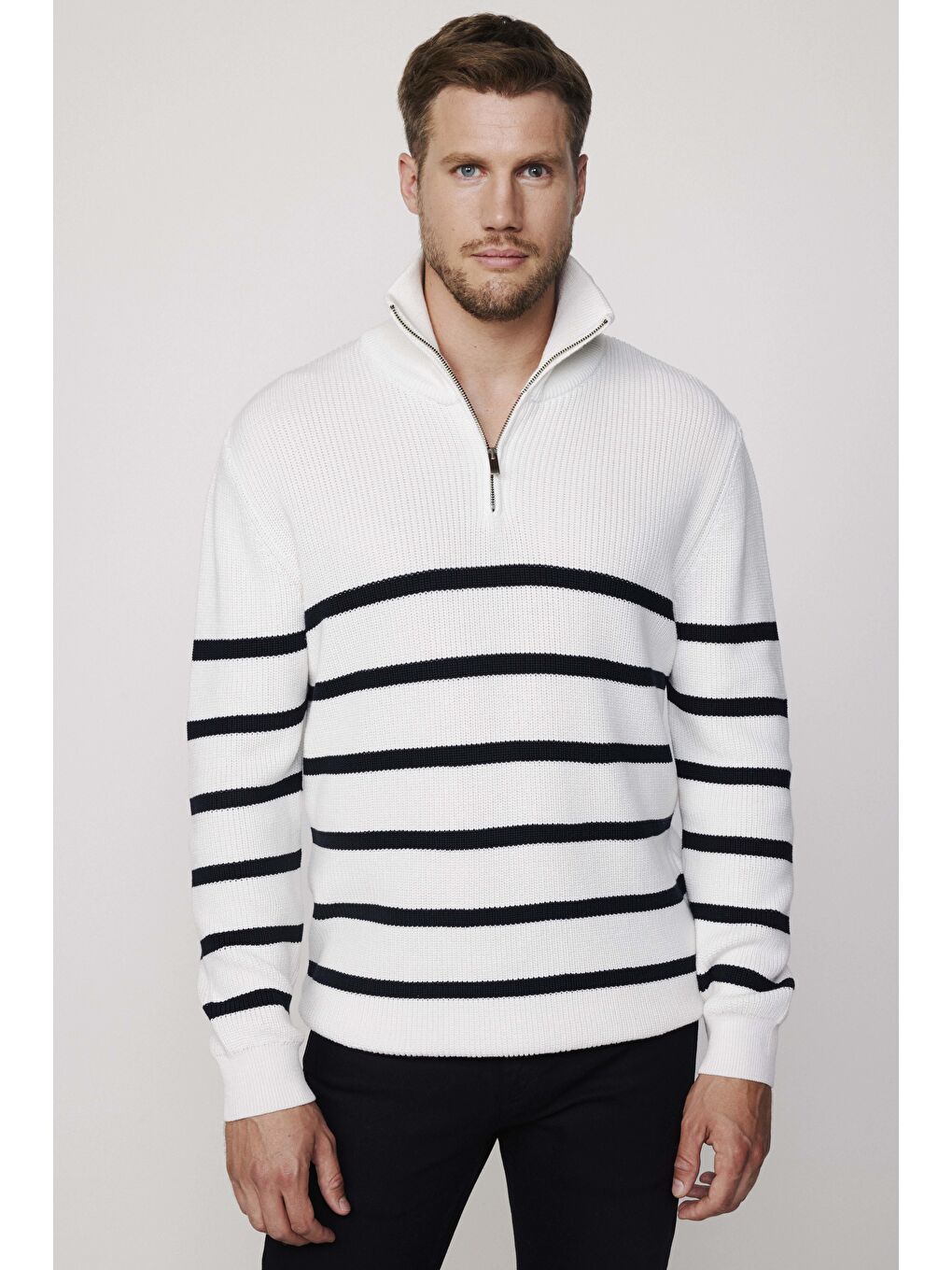 Karışık Erkek Slim Fit Fermuarlı Dik Yaka Çizgili Pamuklu  Kazak-1