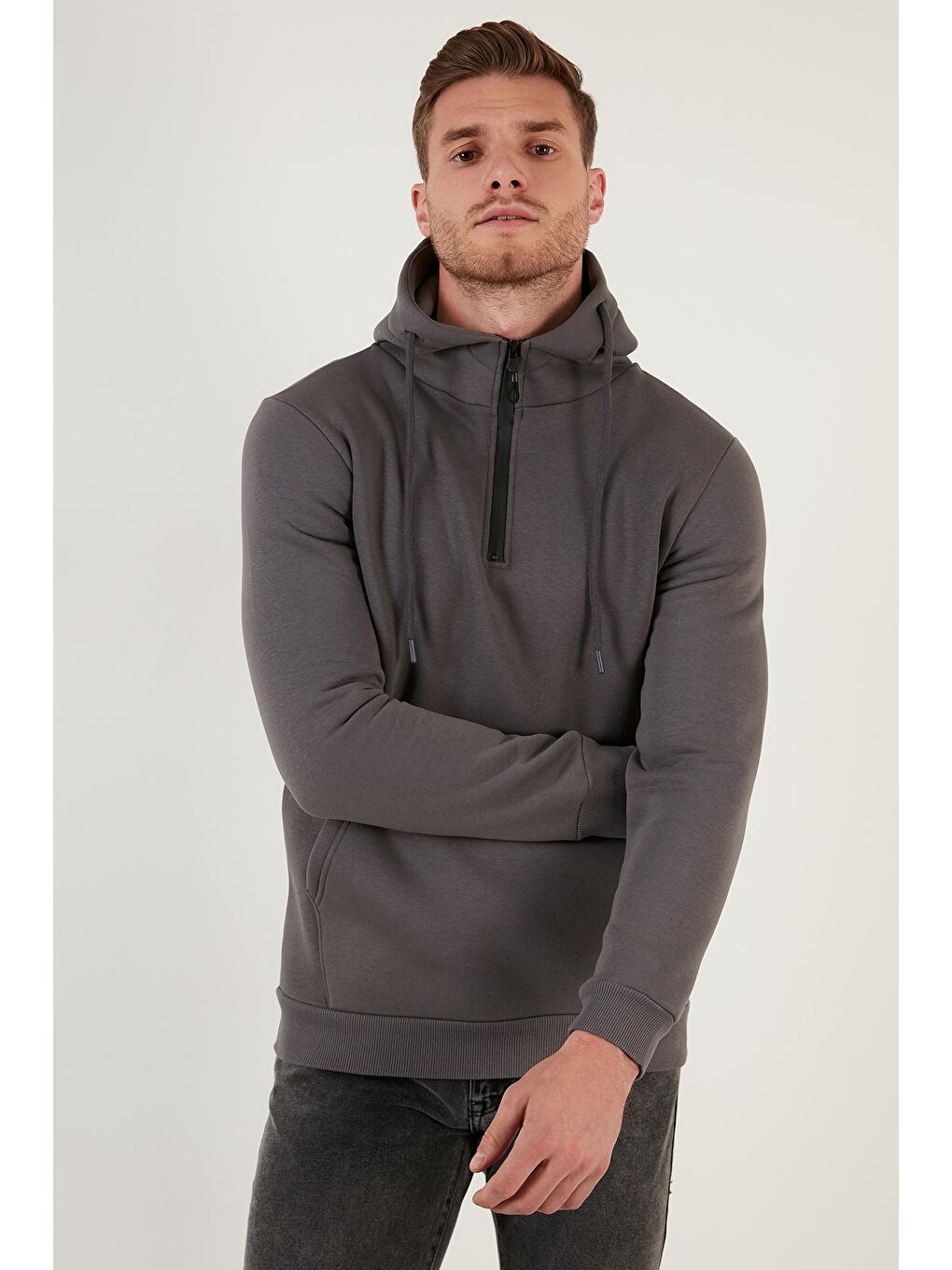 Haki Pamuklu İçi Tüylü Yumuşak Şardonlu Kapüşonlu Sweat 59052651-3