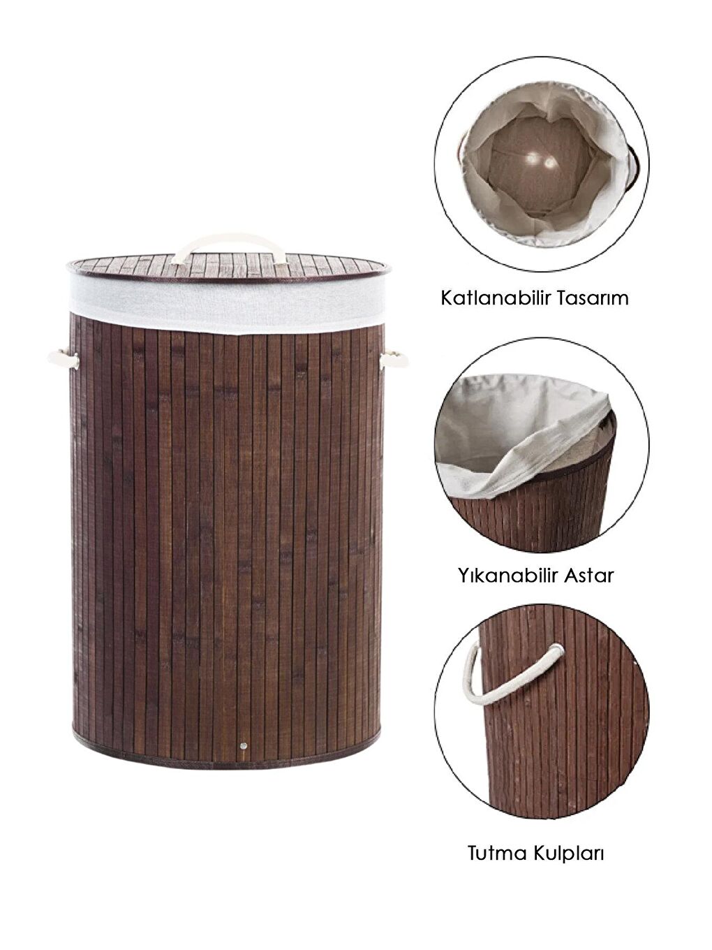 Kahverengi Naturel Yuvarlak Kirli Çamaşır Sepeti - Bambu Katlanabilir Çamaşır Sepeti Sele 35x50 cm 60 Lt Kahve-1