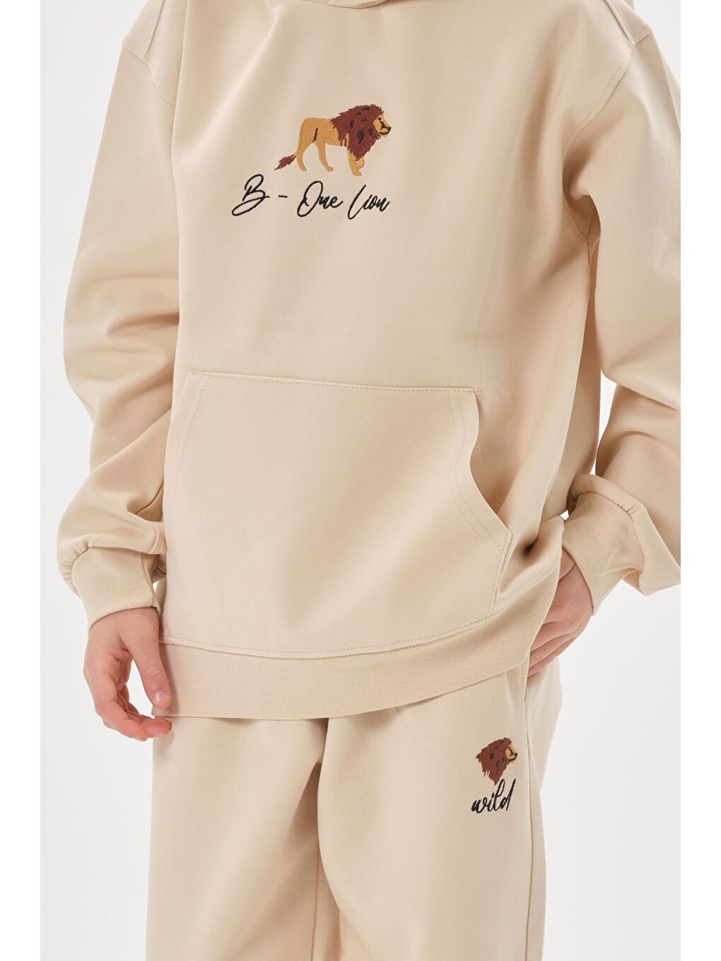 Bej Kapüşonlu Nakış Detaylı Erkek Çocuk Eşofman Takımı-2