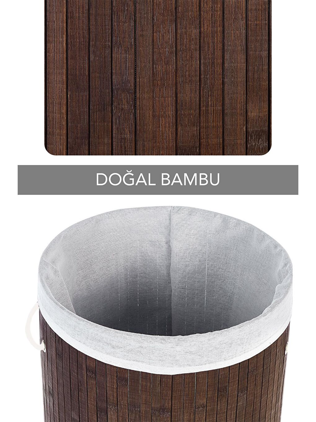 Kahverengi Naturel Yuvarlak Kirli Çamaşır Sepeti - Bambu Katlanabilir Çamaşır Sepeti Sele 35x50 cm 60 Lt Kahve-3