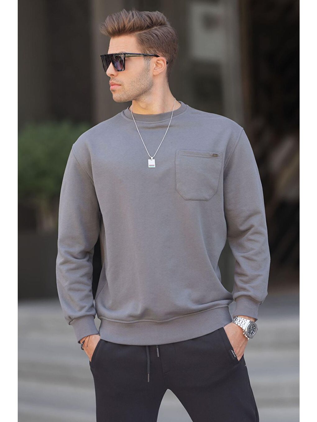 Madmext Füme Siyah Regular Fit Basic Sweatshirt 6136