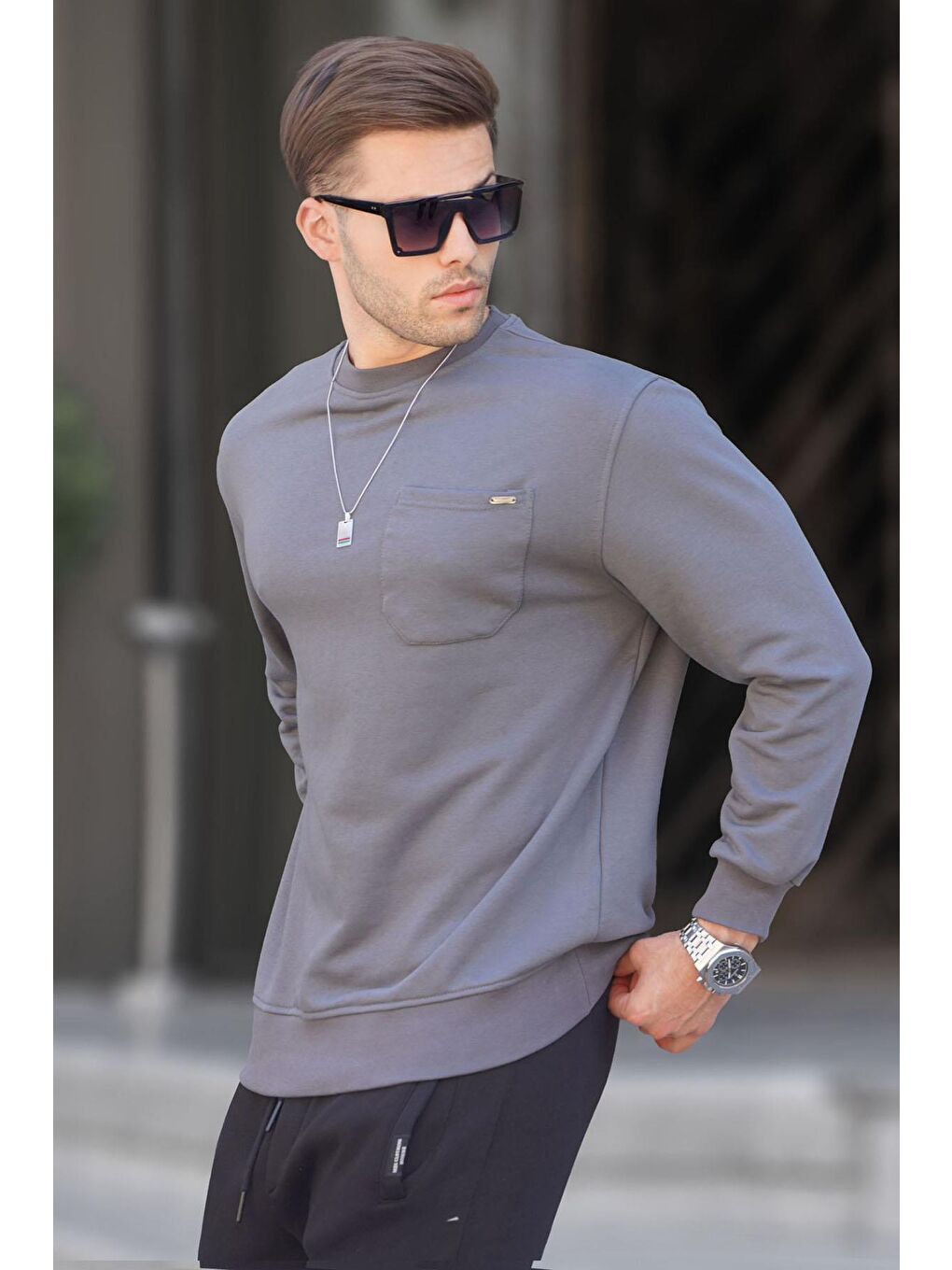 Madmext Füme Siyah Regular Fit Basic Sweatshirt 6136 - 1