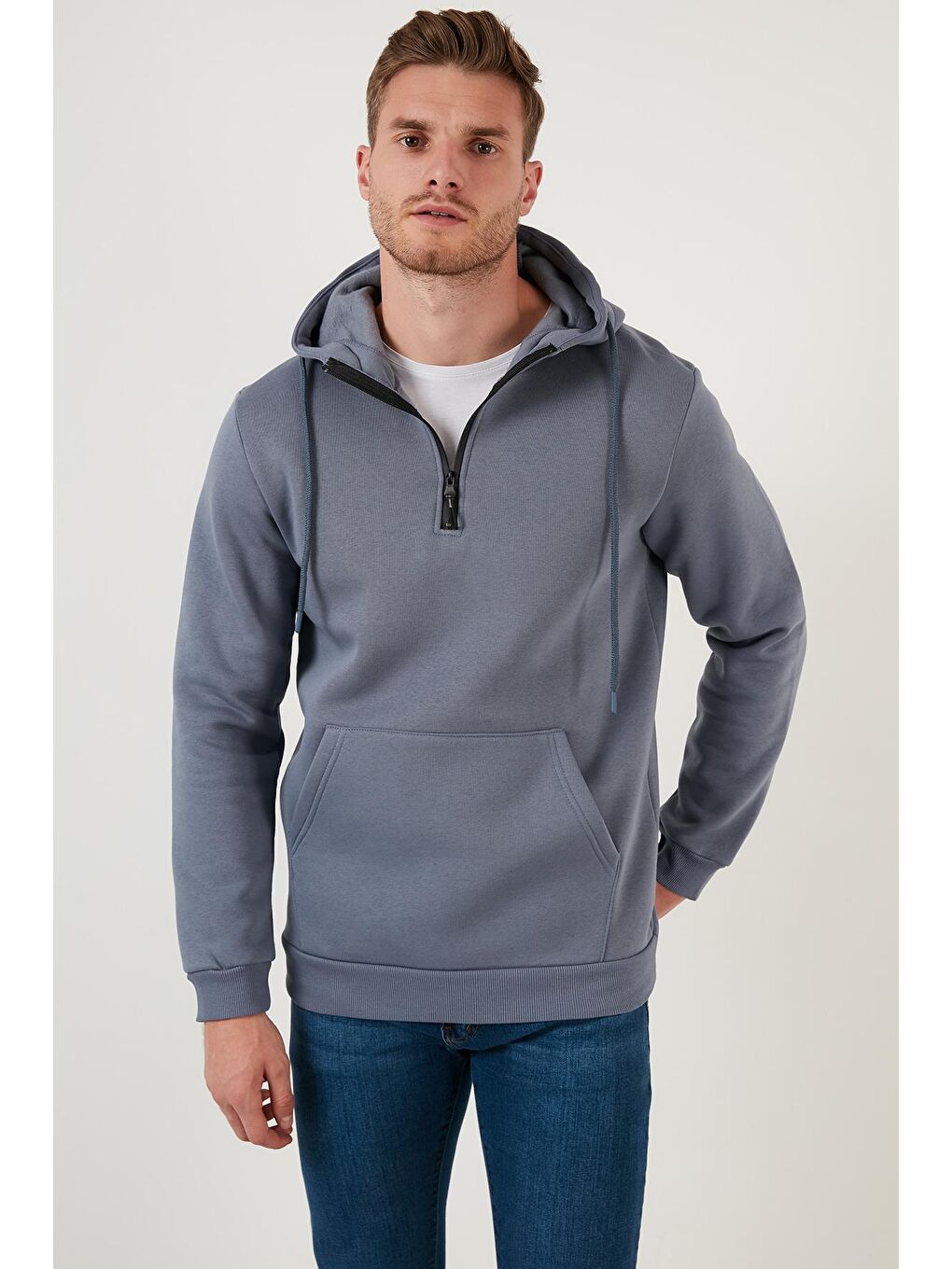 Gri Pamuklu İçi Tüylü Yumuşak Şardonlu Kapüşonlu Erkek Sweat 59052651