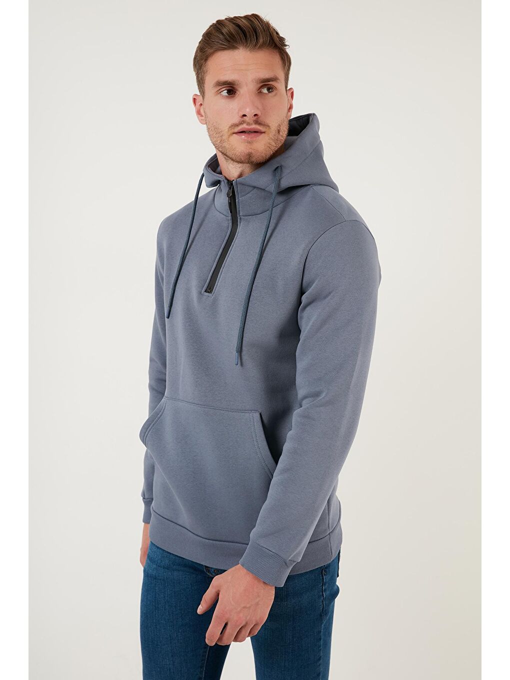 Gri Pamuklu İçi Tüylü Yumuşak Şardonlu Kapüşonlu Erkek Sweat 59052651-1