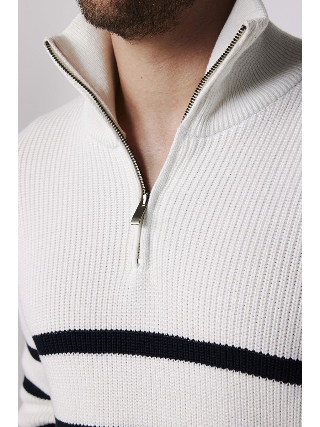 Karışık Erkek Slim Fit Fermuarlı Dik Yaka Çizgili Pamuklu  Kazak-3