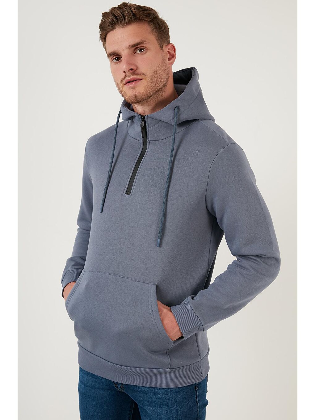 Gri Pamuklu İçi Tüylü Yumuşak Şardonlu Kapüşonlu Erkek Sweat 59052651-2
