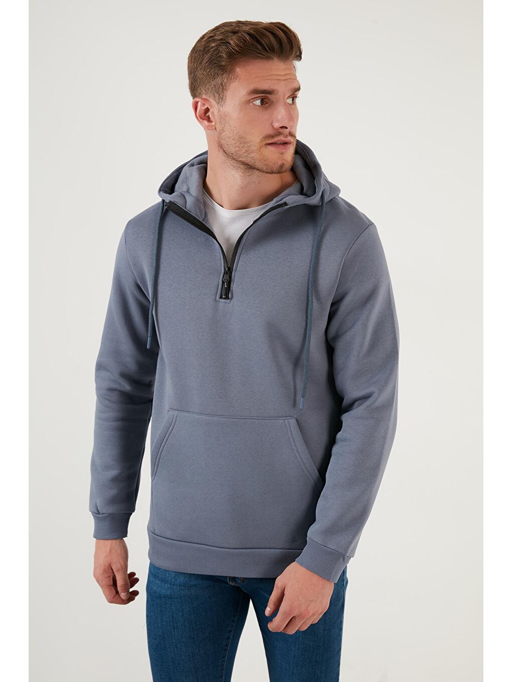 Gri Pamuklu İçi Tüylü Yumuşak Şardonlu Kapüşonlu Erkek Sweat 59052651-3