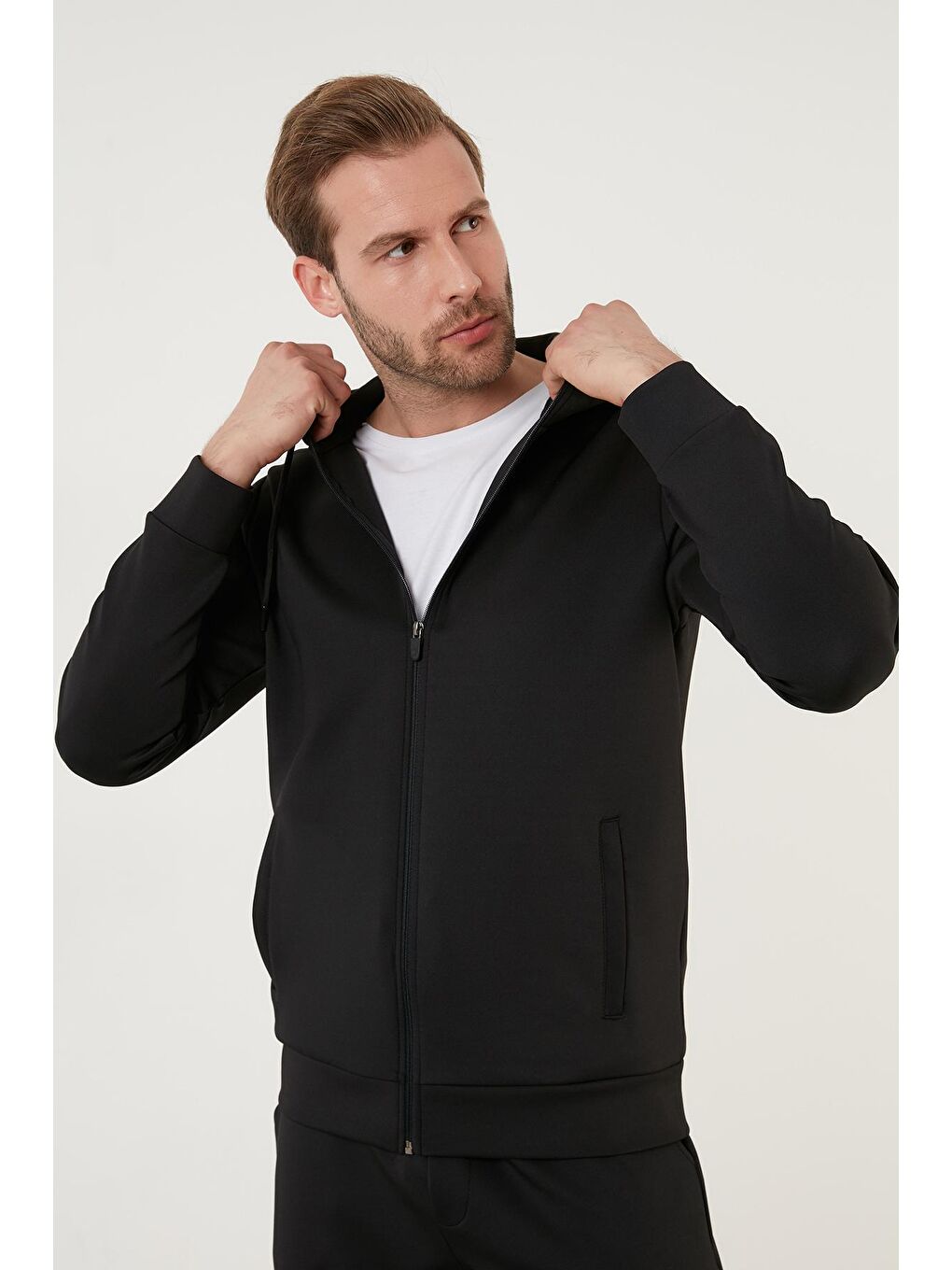 Siyah Belden Bağlamalı Kapüşonlu Slim Fit Eşofman Takımı 5652152-1