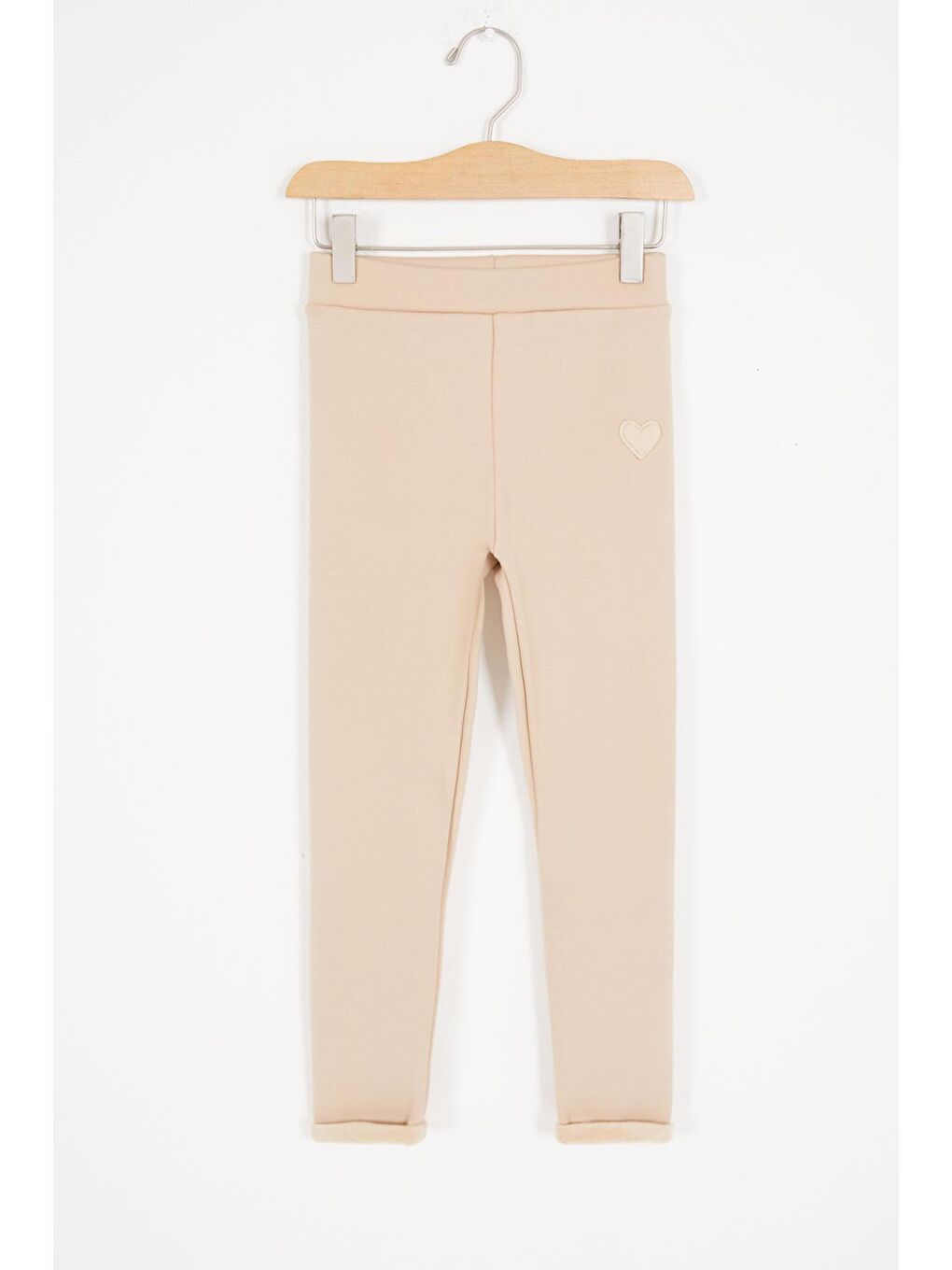 Bej Kalp Nakışlı İçi Pelüş Kız Çocuk Tayt 17093