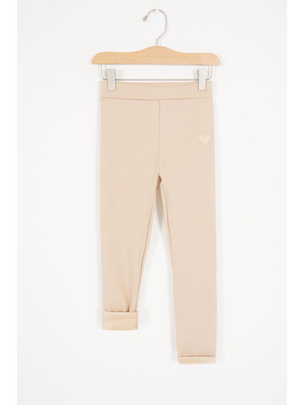 Bej Kalp Nakışlı İçi Pelüş Kız Çocuk Tayt 17093-1