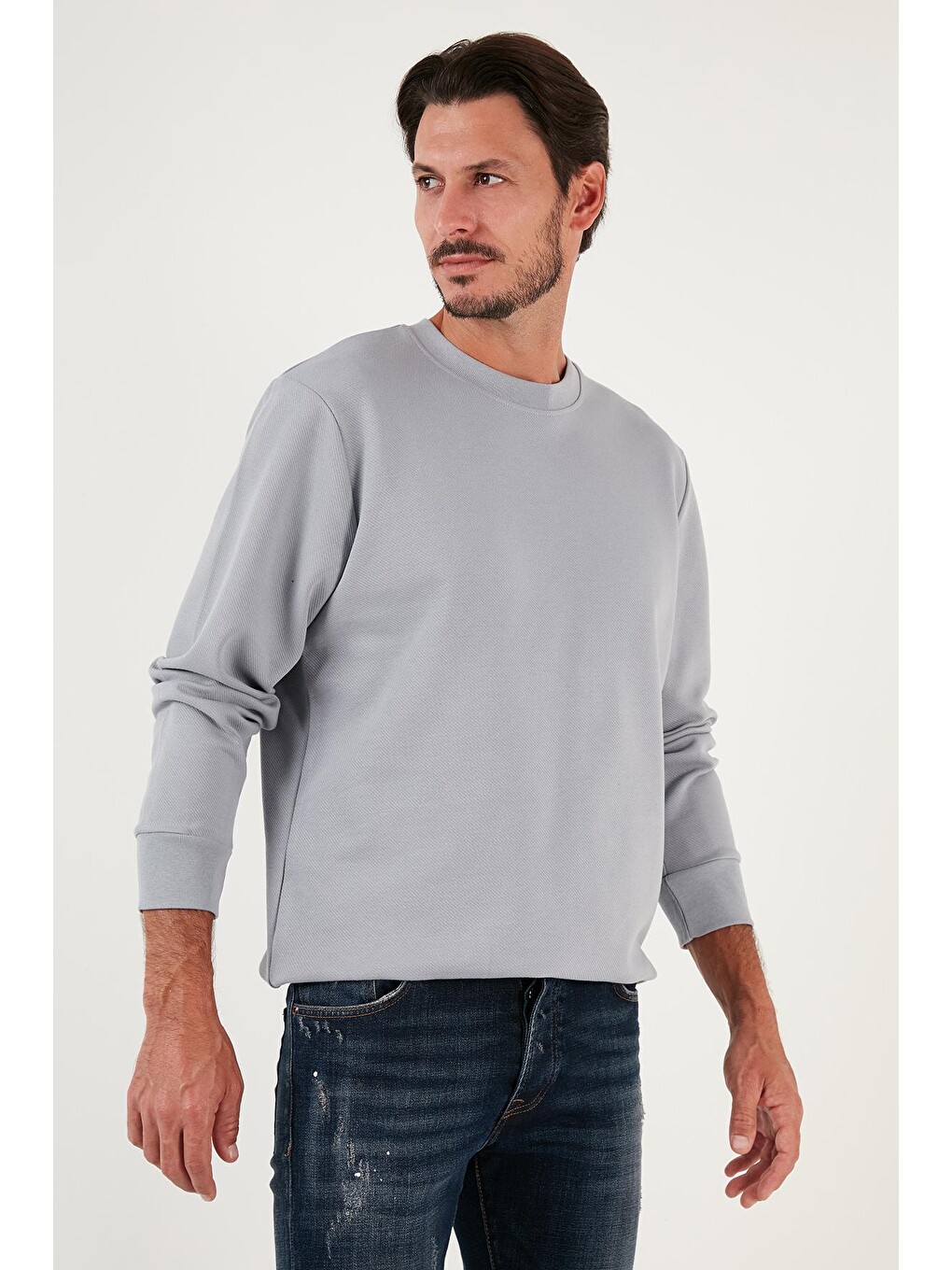 Gri Pamuklu Bisiklet Yaka Regular Fit Basic Sweat 5905521-2