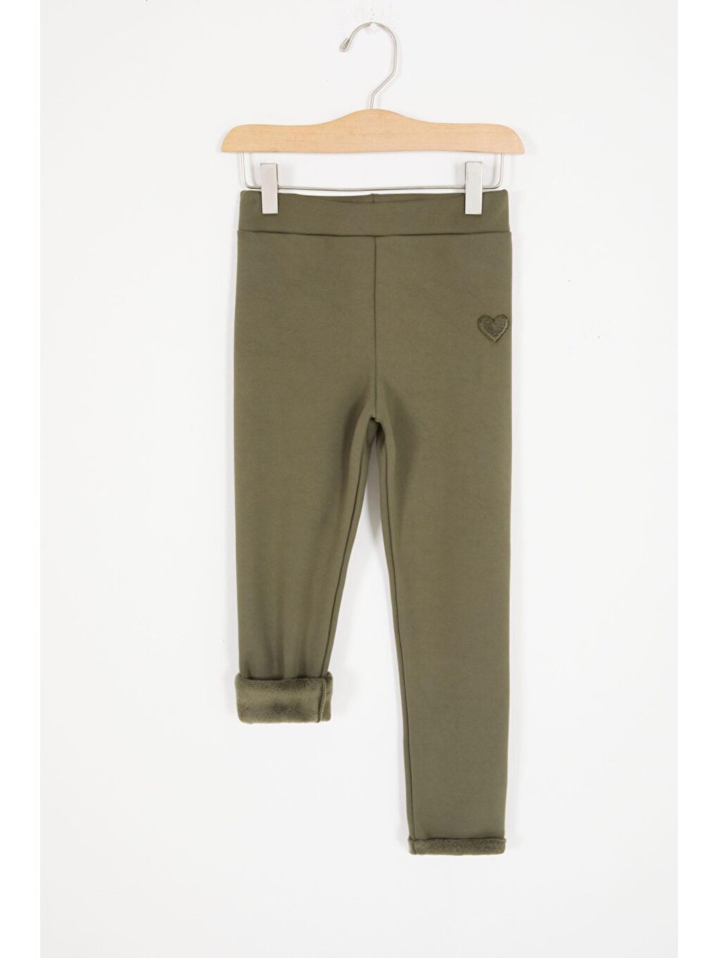 Koyu Yeşil Kalp Nakışlı İçi Pelüş Kız Çocuk Tayt 17094-1