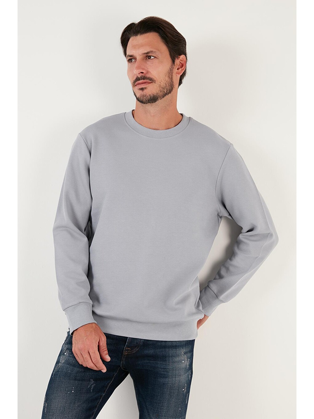 Gri Pamuklu Bisiklet Yaka Regular Fit Basic Sweat 5905521-3