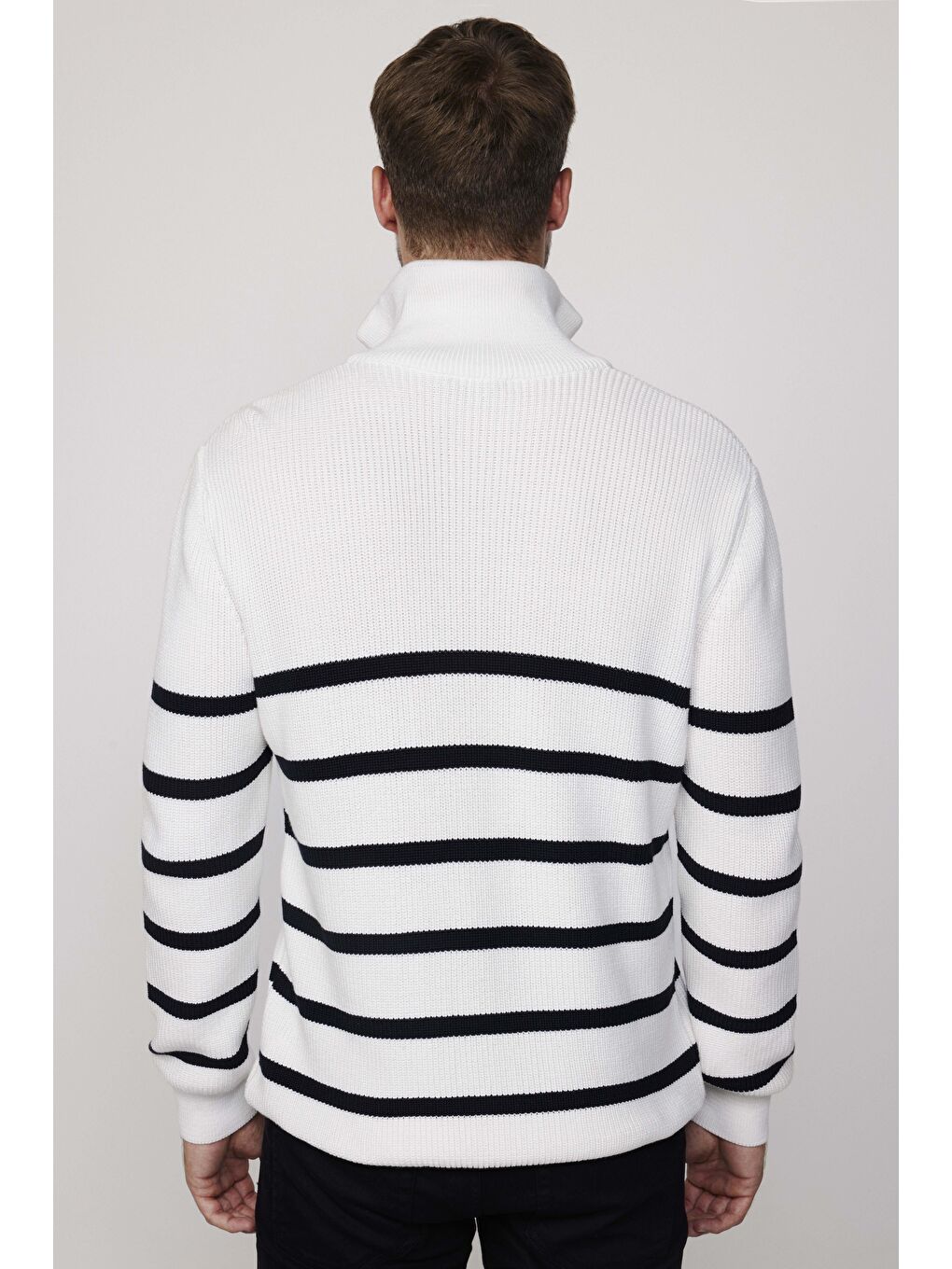 Karışık Erkek Slim Fit Fermuarlı Dik Yaka Çizgili Pamuklu  Kazak-4