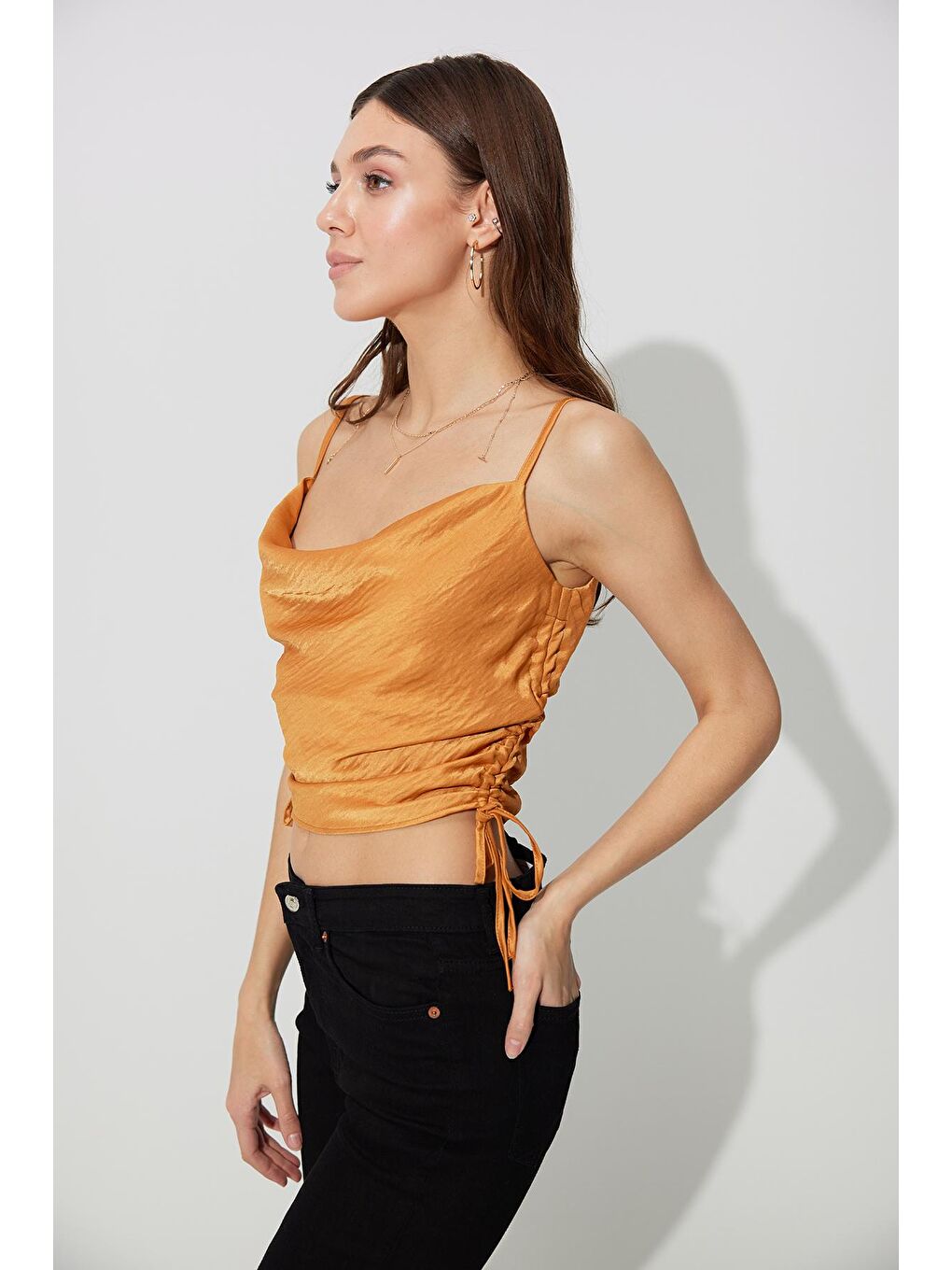 Kahverengi Taba Yanları Büzgülü Askılı Büstiyer-3