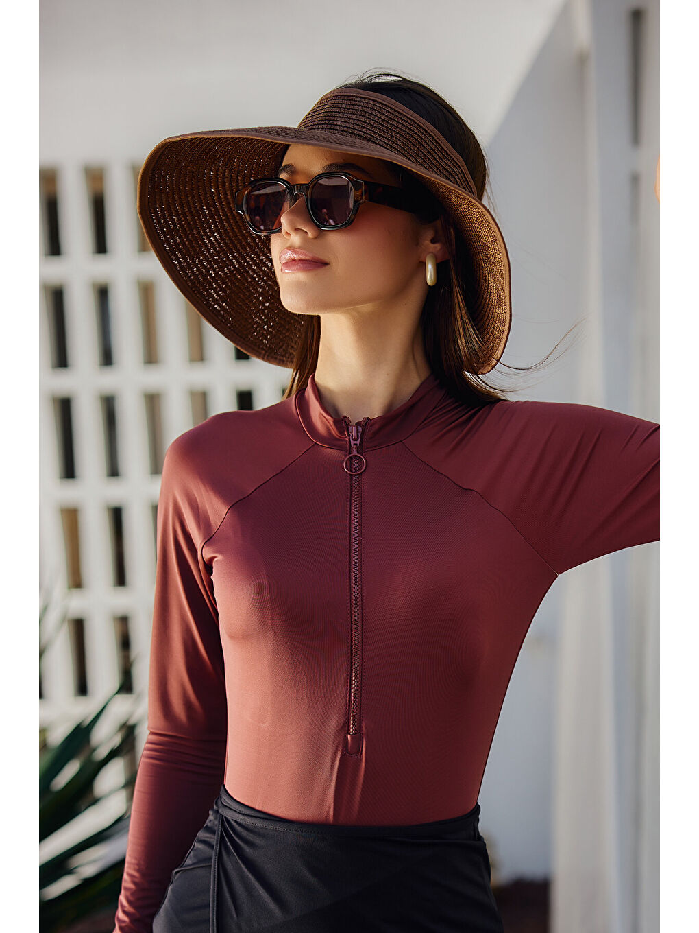 Kahverengi Fiyonklu Katlanabilir Vizör Hasır Şapka Güneş Koruyucu Siperlik-1