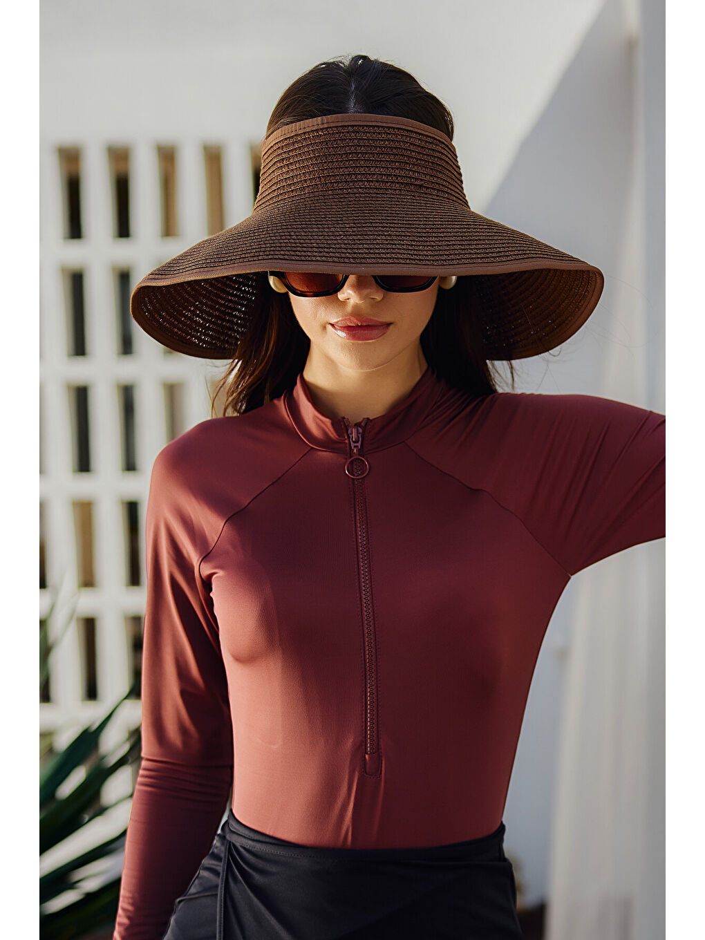 Kahverengi Fiyonklu Katlanabilir Vizör Hasır Şapka Güneş Koruyucu Siperlik-2