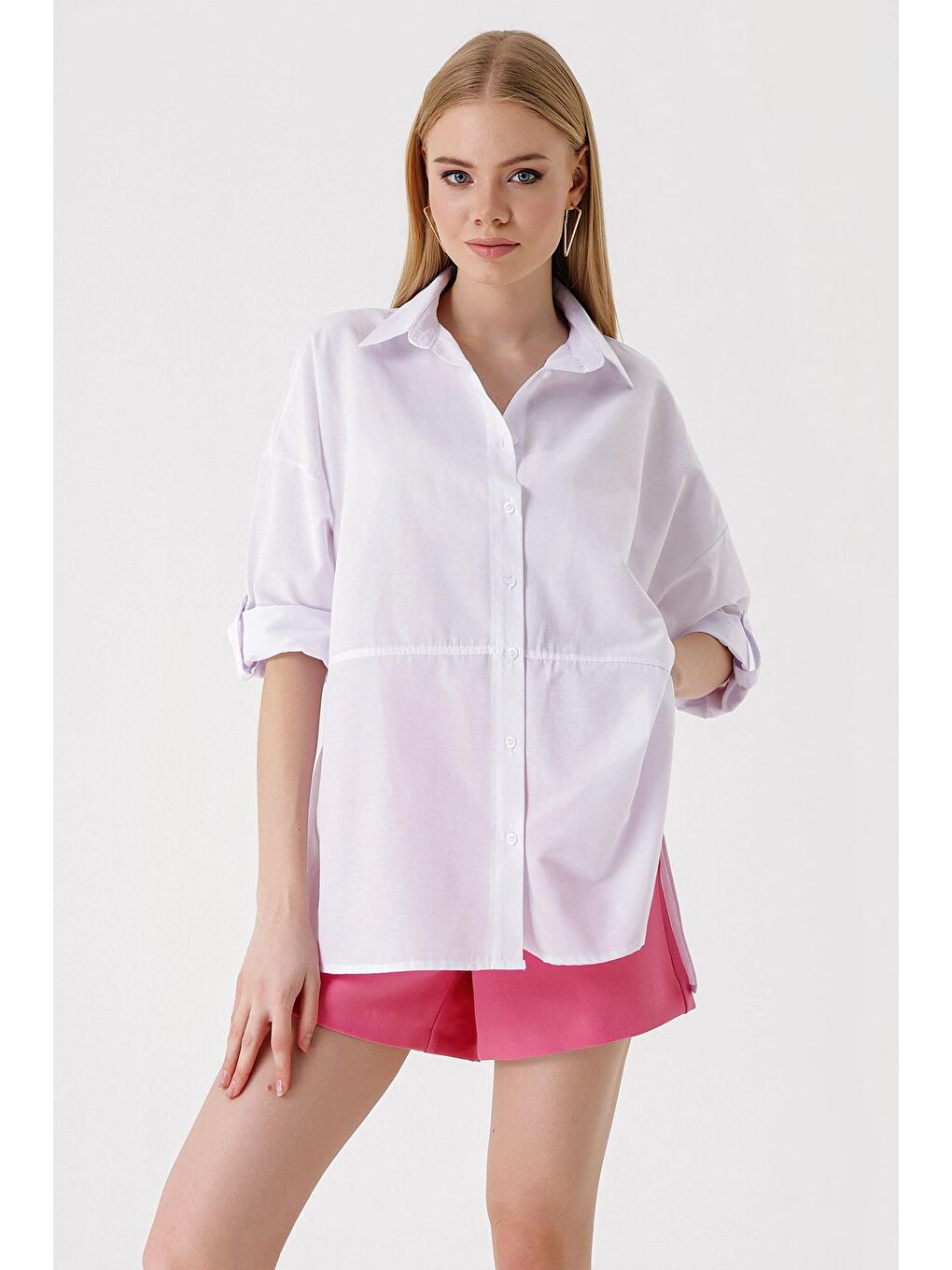 3975 Yırtmaçlı Poplin Gömlek - Beyaz