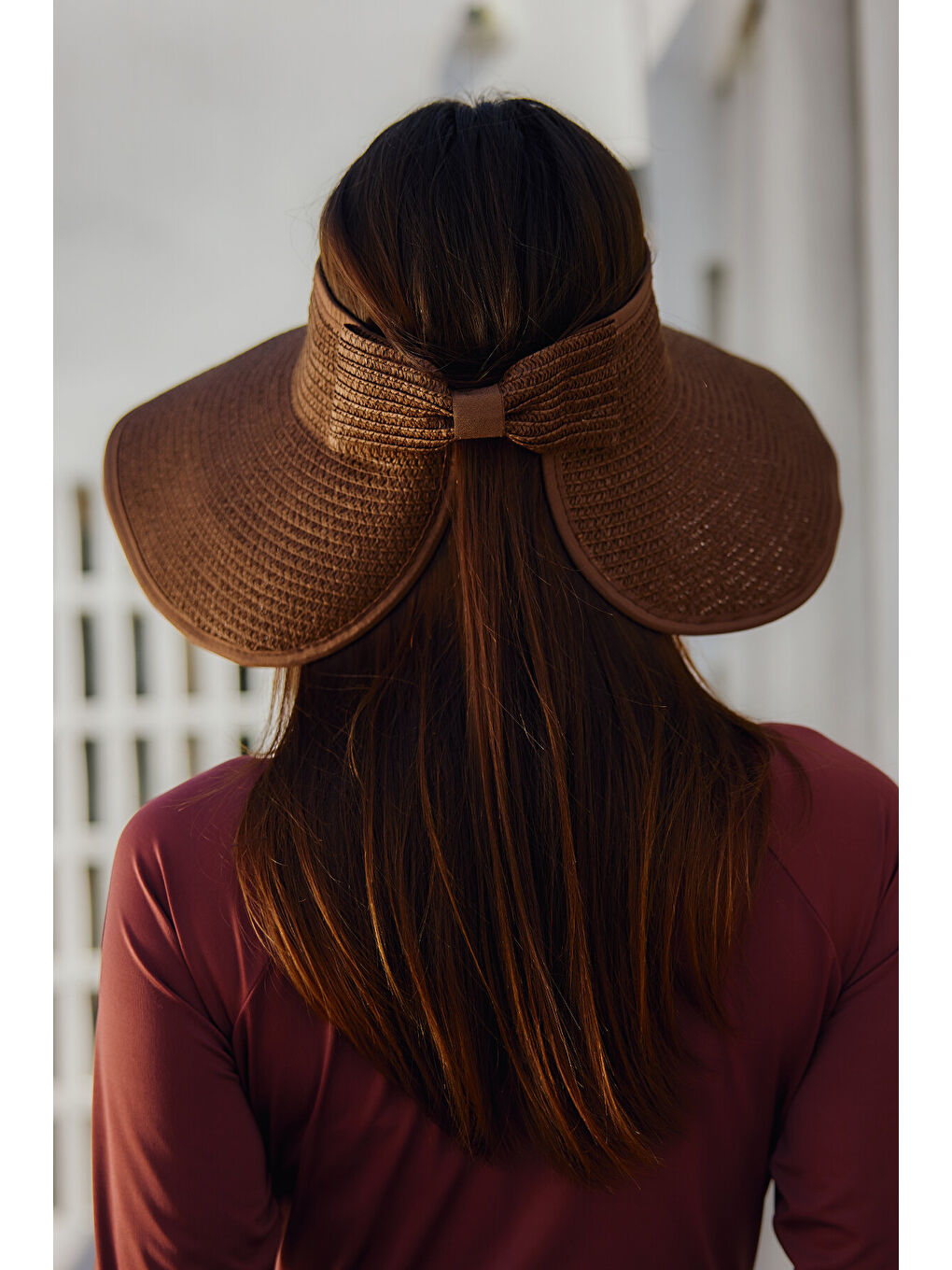 Kahverengi Fiyonklu Katlanabilir Vizör Hasır Şapka Güneş Koruyucu Siperlik-3