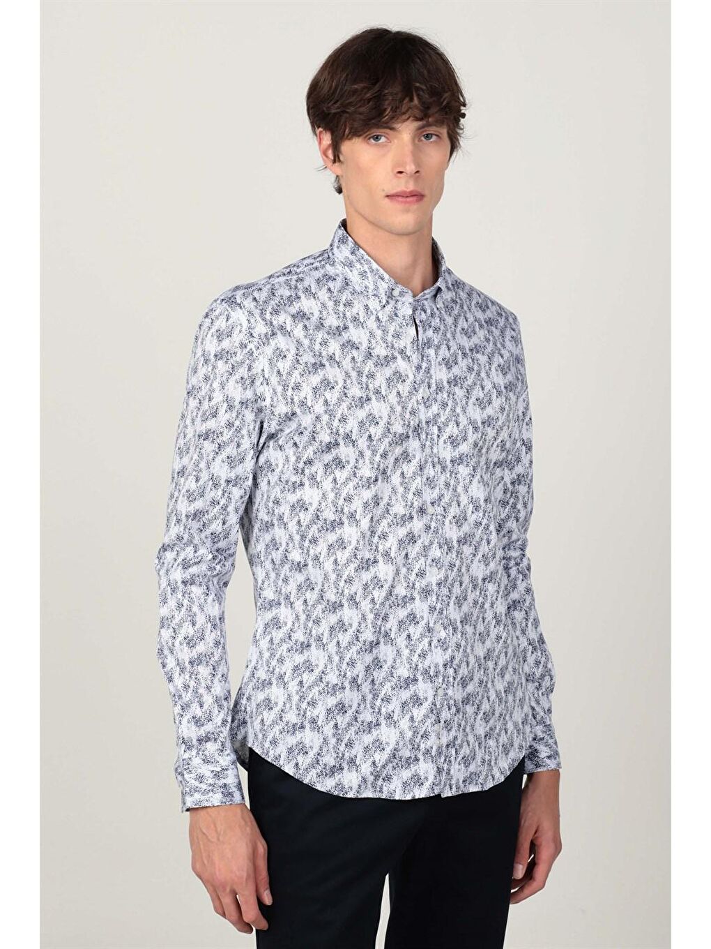 Süper Slim Fit Pamuklu Elastanlı Desenli Spor Erkek Beyaz Gömlek