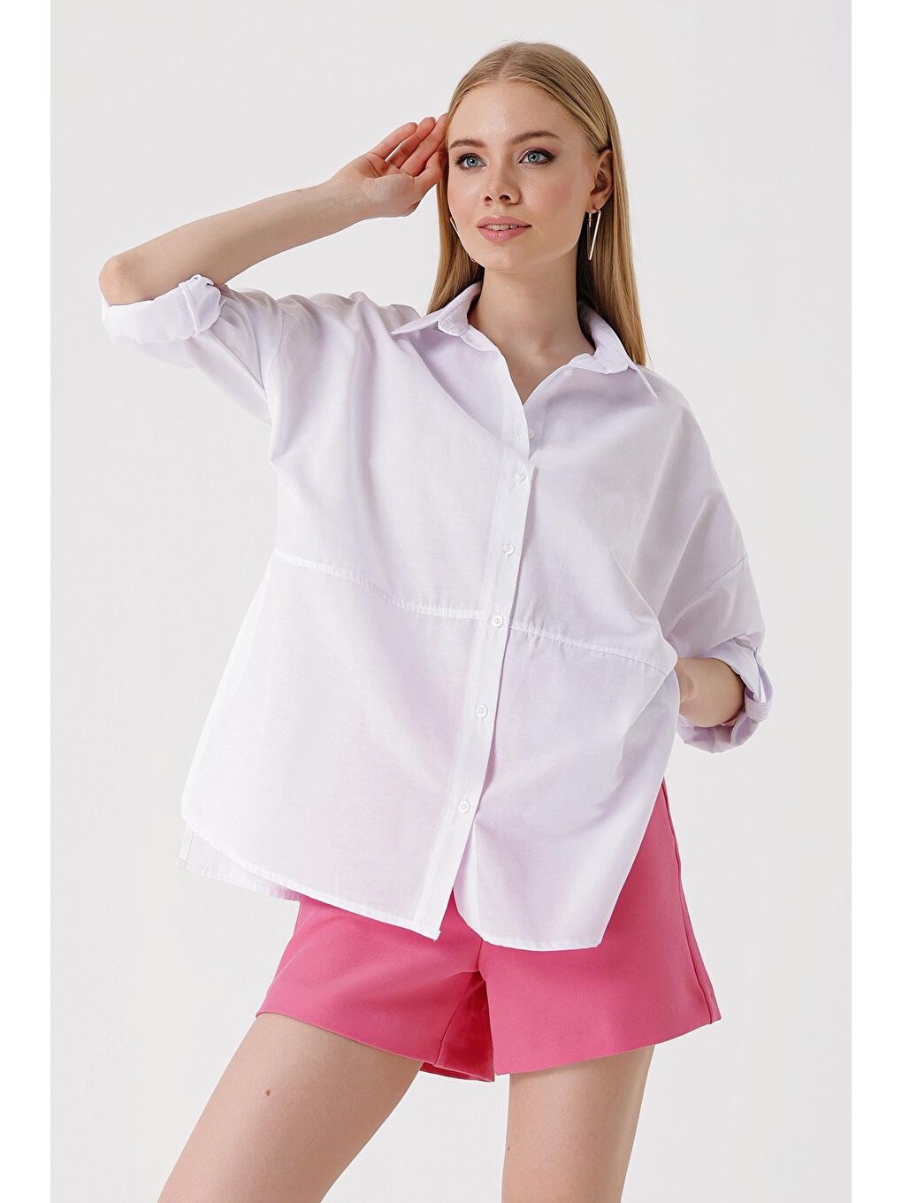 3975 Yırtmaçlı Poplin Gömlek - Beyaz-1