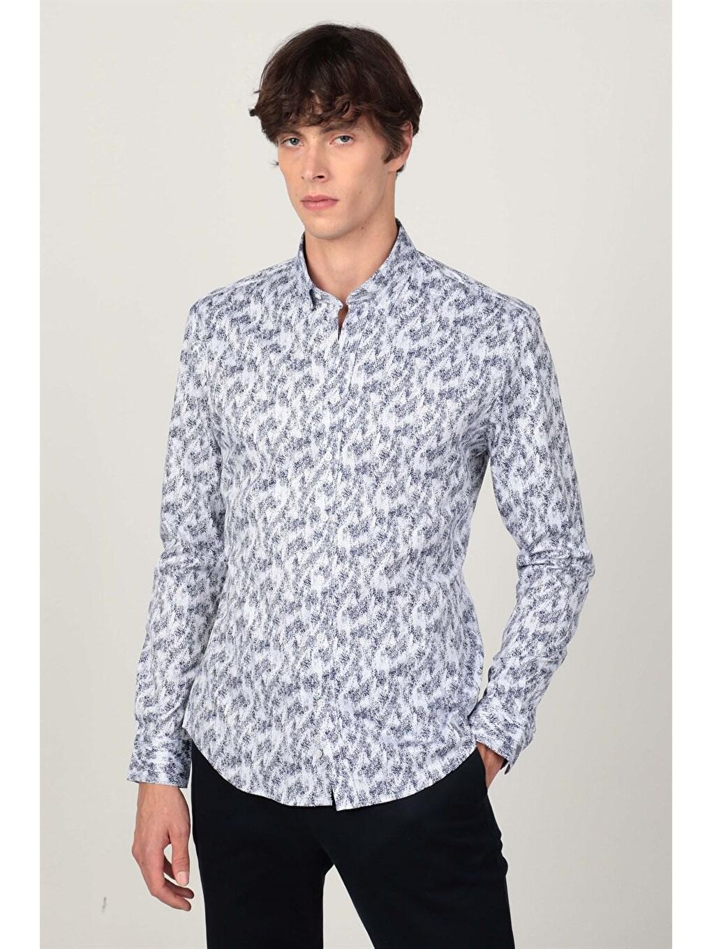 Süper Slim Fit Pamuklu Elastanlı Desenli Spor Erkek Beyaz Gömlek-1