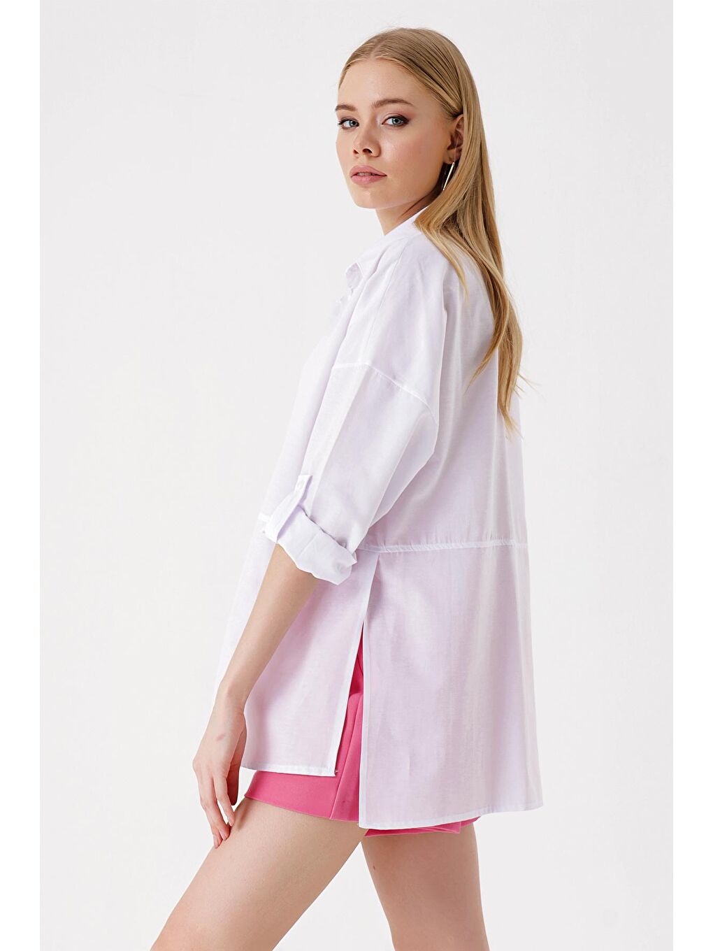 3975 Yırtmaçlı Poplin Gömlek - Beyaz-2